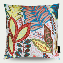 Kussen "Bladeren" rood, creme, blauw, geel  55x55cm