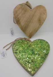 HOUTEN HART MET GLAS GLITTERS 15 CM IN GROEN