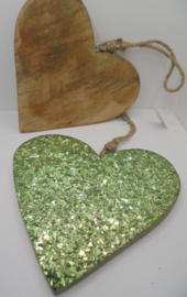 HOUTEN HART MET GLAS GLITTERS 20 CM IN GROEN