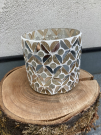 WAXINELICHTJES IN GLAS MOZAIEK HOOG 8 CM ZILVER