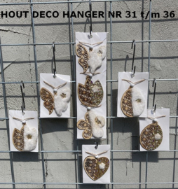 HOUT DECO HANGER NR 36 HOUT met GOUD en PLUCHE 3 stuks