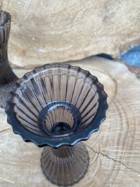 KANDELAAR RIBBEL SMOKEY GLAS DINER- WAXINELICHT 2 DLG