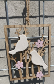HOUT DECO HANGER NR 68 met PORSELEINEN VOGELS