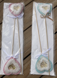 HOUT DECO STEKER NR 48 ROZE HART met glitters en pluche