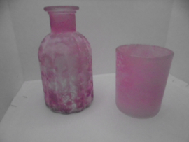 GLAZEN FLES en THEELICHT PASTEL TINTEN SET  FUCHSIA