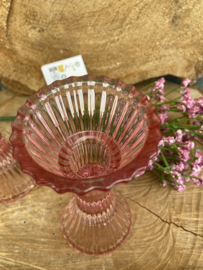 KANDELAAR RIBBEL ROZE GLAS DINER- WAXINELICHT 2 DLG