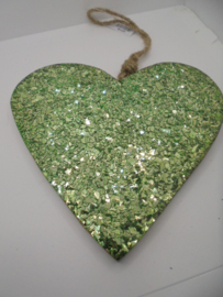 HOUTEN HART MET GLAS GLITTERS 20 CM IN GROEN