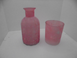 GLAZEN FLES en THEELICHT PASTEL TINTEN SET  ROZE