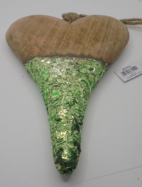 HOUTEN HART ELEGANT MET GLAS GLITTERS 20 CM IN GROEN