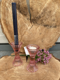 KANDELAAR RIBBEL ROZE GLAS DINER- WAXINELICHT 2 DLG