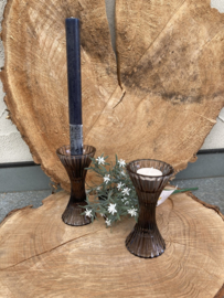 KANDELAAR RIBBEL SMOKEY GLAS DINER- WAXINELICHT 2 DLG