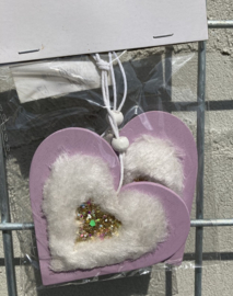 HOUT DECO HANGER NR 53 LILA HART met glitters en pluche