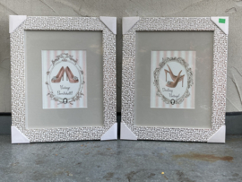 SCHILDERIJ NAALDHAK SCHOENEN SET MET ZILVEREN LIJST 43X36 cm