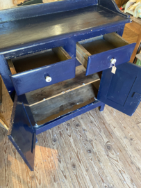 Mooi oud blauw kastje met twee bovenlades