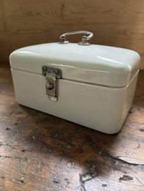 (Verkocht)Kleine witte halve emaille broodtrommel
