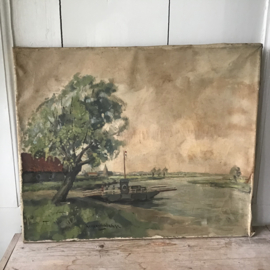 Oud schilderij boom met pontje