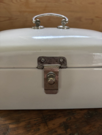 (Verkocht)Kleine witte halve emaille broodtrommel