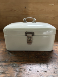 (Verkocht)Kleine witte halve emaille broodtrommel