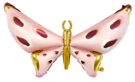 Folieballon roze vlinder met gouden accenten, 112cm
