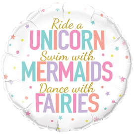 Folieballon Ride a Unicorn, Swin with  mermaids 18inch/45cm