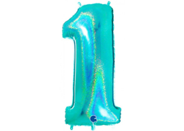 XXL Cijferballon 1 Glitter Aqua/Mint