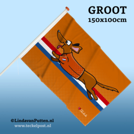Teckel Rennend Oranje Vlag Groot 150x100cm