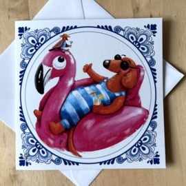 Teckel Tobie Wenskaart ‘Flamingo’