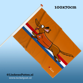 Teckel Rennend Oranje Vlag 100x70cm