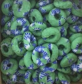 Platte glaskralen, schijfjes, groen/wit/blauw, set van 10