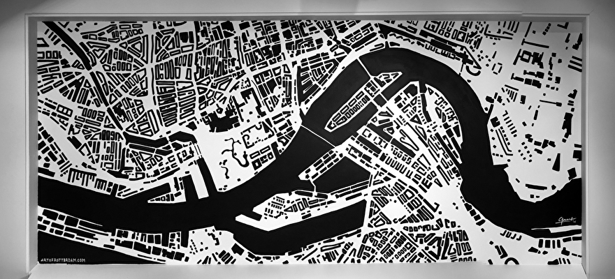 Muurschildering als winkel decoratie van plattegrond van Rotterdam