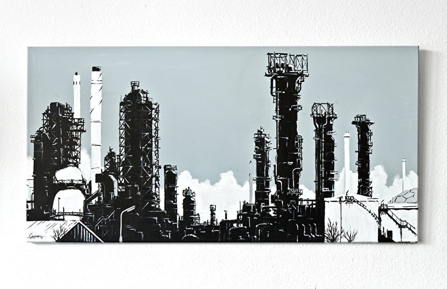 Zwart-wit schilderij voor op kantoor van ExxonMobil raffinaderij Rotterdam