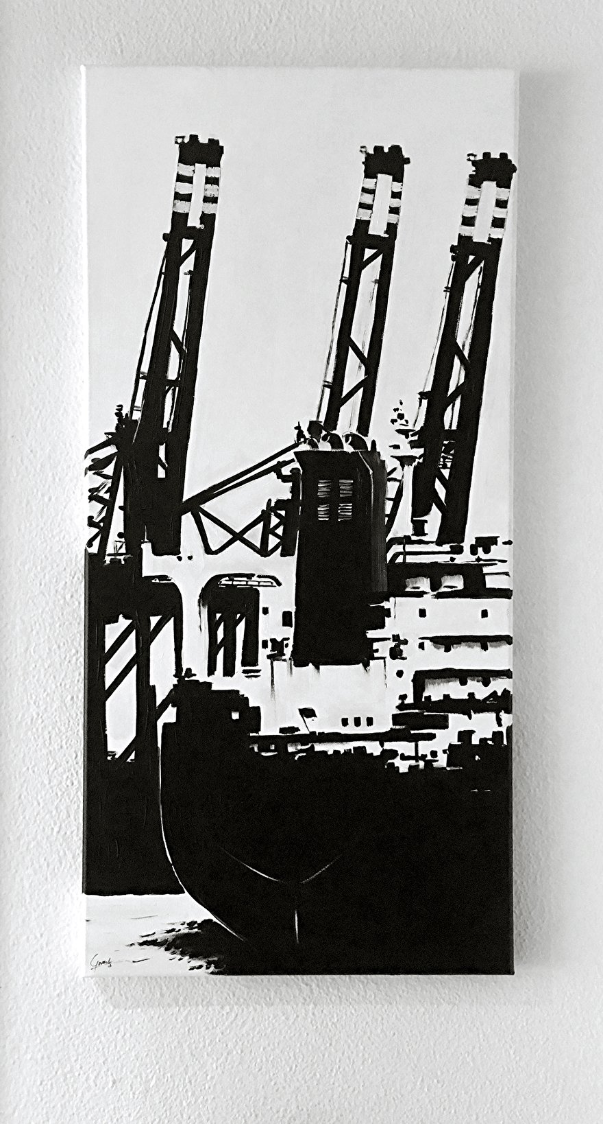 Zwart-wit schilderij als kantoor decoratie op canvas van de Tweede Maasvlakte schip en terminals
