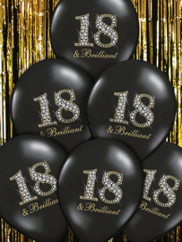 Latex Ballonnen "18 & Brilliant" Zwart/Zilver/Goud (10 stuks)