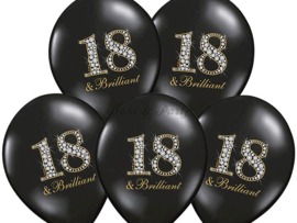 Latex Ballonnen "18 & Brilliant" Zwart/Zilver/Goud (10 stuks)
