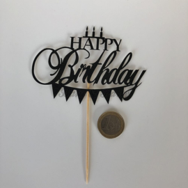 Taart Topper "Happy Birthday" (1) Zwart Carton (klein)
