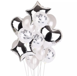 Folie & Latex Ballonnen Party Set Zilver/Wit Confetti (14 stuks)