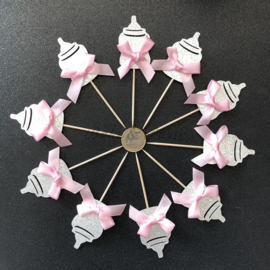 Cupcake Toppers "Babyflesje met Roze Strik" (10 stuks)