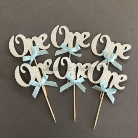 Cupcake Toppers "One" Zilver/Blauw (6 stuks)