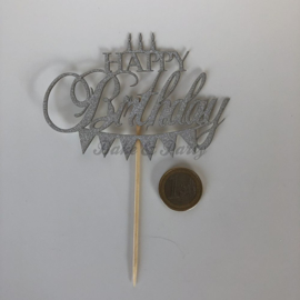 Taart Topper "Happy Birthday" (1) Zilver Carton (klein)