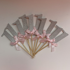 Cupcake Toppers "1" Zilver/Roze (10 stuks)