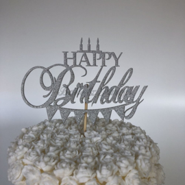 Taart Topper "Happy Birthday" (1) Zilver Carton (klein)