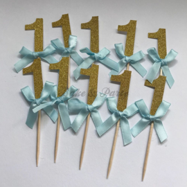 Cupcake Toppers "1" Goud/Blauw (10 stuks)
