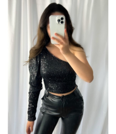 Off Shoulder Glitter Top- zwart