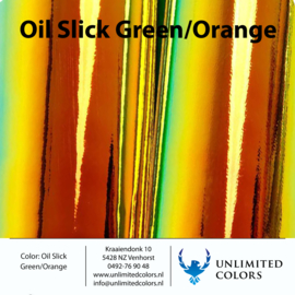 Kleurenstaal OILSLICK Green/orange glans