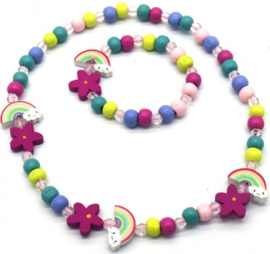 Setje houten armband + ketting  multi regenboog