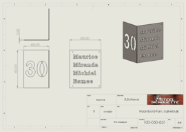 RVS naambord naar wens  voor om een hoek 500 x 600mm