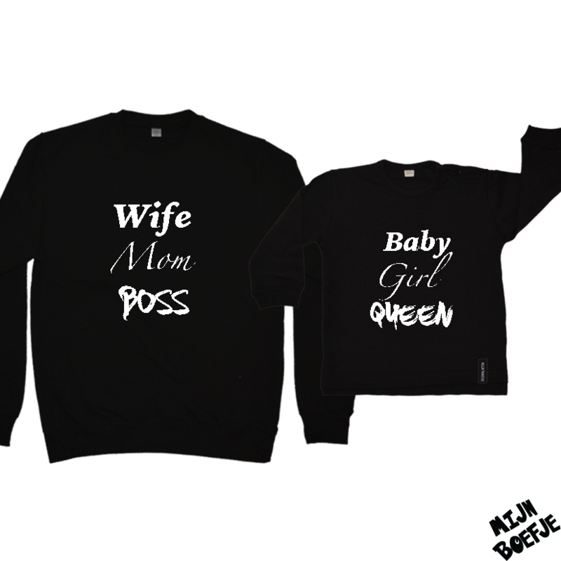 Moeder & dochter/baby sweaters Wife, Mom, Boss / Baby, Girl, Queen