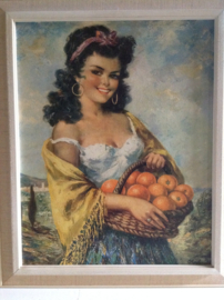 Decoratie. Meisje met mandje sinaasappels.