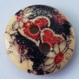 Ronde Houten Knopen Zwart met Rode Hartjes 15 mm
