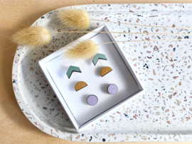 Oorstekers 3-pack sage - gold - lavender